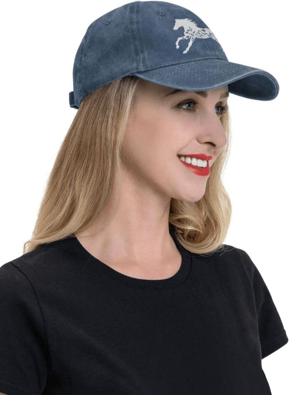 Women's Floral and Horse Hat Adjustable Washed Vintage Baseball Cap Navy